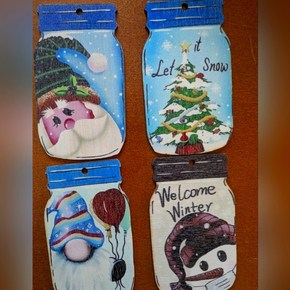 Set Of 4 Mason Jar Styled Wooden Christmas Ornaments